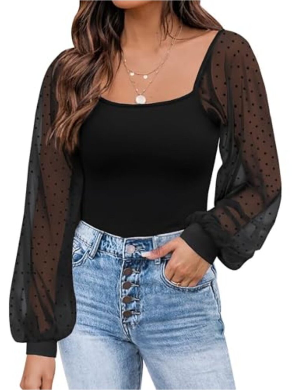 Women's Mesh Puff Long Sleeve Blouse Ribbed Knit Scoop Neck Top